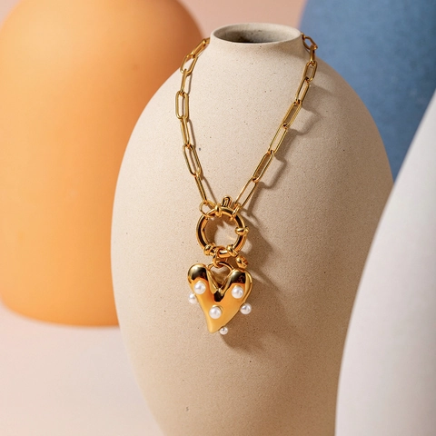 Bracciale Collana Orecchini In Acciaio Inossidabile Placcato Oro 18K Ciondolo Cuore Perla Artificial Gioielli Retro Di Tendenza Da Donna