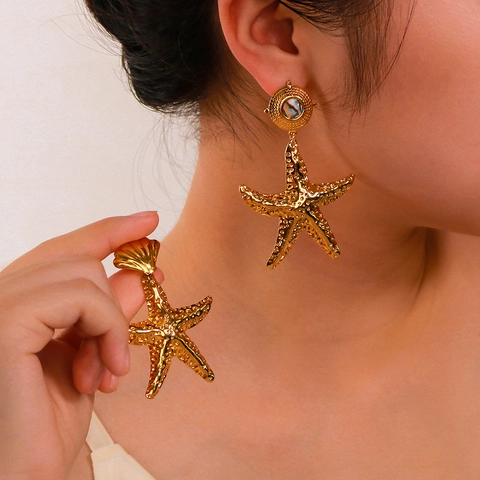 Starfish Shell Earrings Stainless Steel 18K Gold Plated Ocean Theme Abalone Inlay Dangle Stud Jewelry For Women