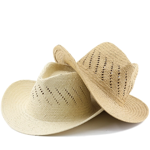 Western Cowboy Hat Woven Straw Hollow Breathable Wide Curved Brim Summer Outdoor Sun Protection Retro Jazz Style