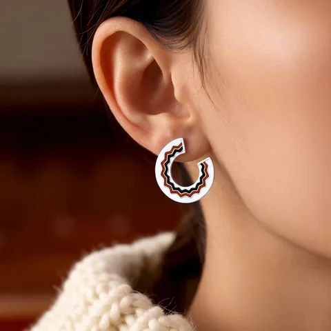 Orecchini A Cerchio A C Geometrici Vintage Motivo A Onde Smalto Rame Con Perno Per Orecchini In Argento Retrò