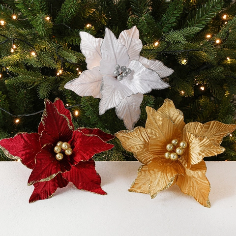 Künstliche Weihnachtsstern Blume Glitzer Samt Stoff Ornamente Feiertag Baum Kranz Girlande Heimdekoration