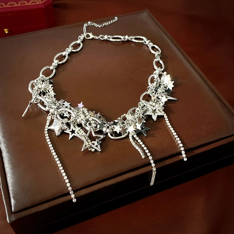 Hip Hop Star Pendant Necklace With Rhinestone Tassel Alloy Metal Clavicle Chain Cool Style For Women Silver Color