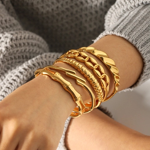 Bracciali Rigidi In Acciaio Inossidabile Placcato Oro Minimalista Design A Bambù Intrecciato Catena Onda Gioielli Per Donne