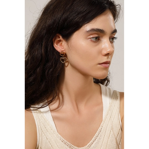 Pendientes De Colgante Doble Corazón Chapado En Oro De 18K Acero Inoxidable 304 Minimalista Hueco Para Mujeres
