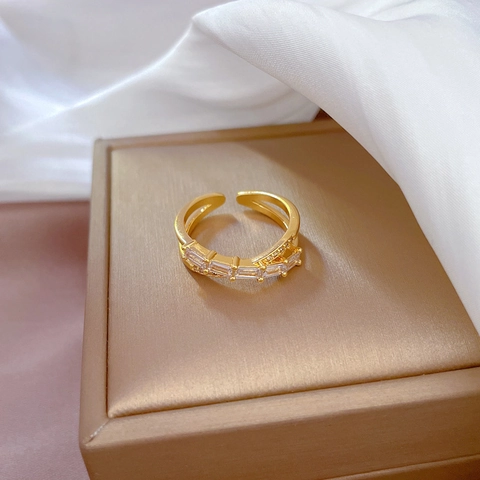 Criss Cross Adjustable Open Ring Gold Plated Brass With Cubic Zirconia Minimalist Fashion Jewelry For Women