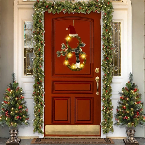 LED Christmas Snowman Rattan Wreath Warm Light Up Hanging Garland With Pine Needle Berry Red Hat Scarf Holiday Decor