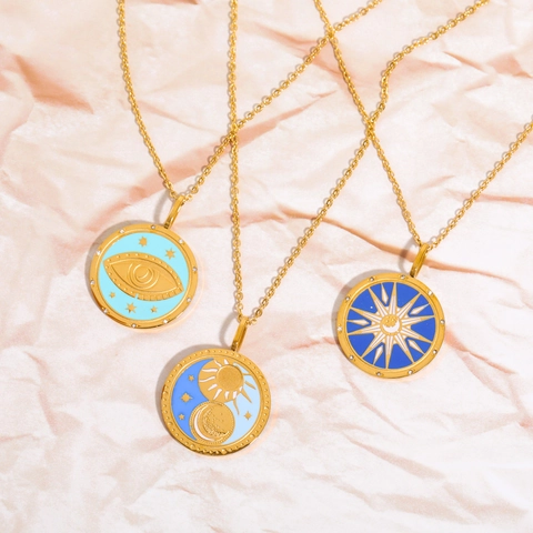 Vintage Tarot Stainless Steel Necklace 18K Gold Plated Enamel Round Pendant Celestial Sun Moon Star Evil Eye For Women