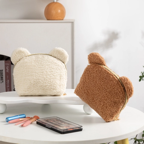 Trousse Trucco In Peluche Teddy Orecchie D'orso Sherpa Pile Pochette Cosmetica Viaggio Organizzatore Morbido Cerniera