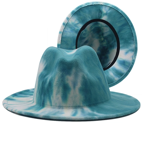 Cappello Fedora In Feltro Di Lana Tie-Dye Tesa Larga Piatta Cappello Jazz Moda Viaggio Vacanze Unisex