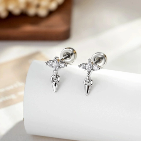 Cartilage Piercing Earring Copper Zircon Inlaid Star Stud With Tapered Pendant Titanium Steel Screw Back Rod Jewelry