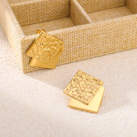 Geometric Square Earrings Stainless Steel 18K Gold Plated Double Layer Hammered Texture Vintage Fashion Jewelry Women