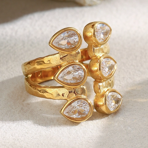 Double Layer Water Drop Zircon Open Ring Stainless Steel Gold Plated Hammered Texture French Vintage Style Finger Jewelry
