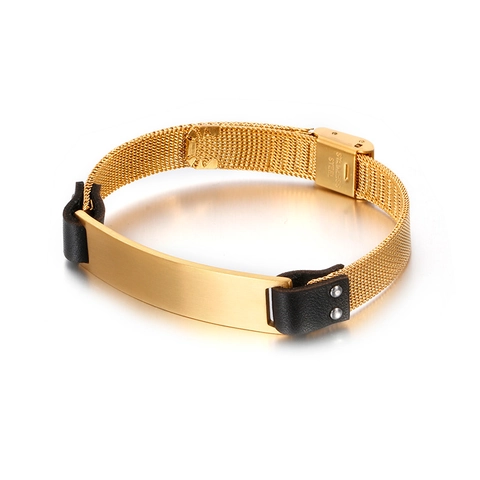 Minimalistische Roestvrijstalen Mesh Band Armband Met Blanco ID Plaat Lederen Accenten Industriële Stijl Voor Heren