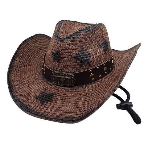 Western Cowboy Straw Hat With Metal Bull Head Buckle Rivet Leather Band Star Print Adjustable Windproof Rope Sunshade