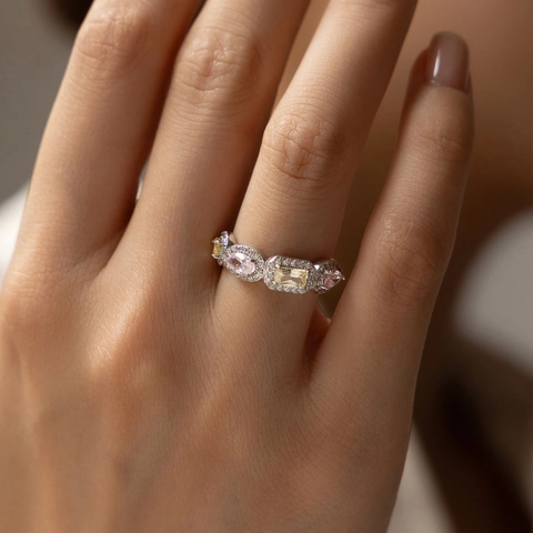 Bague Cube Colorée en Argent Sterling 925 Rose Jaune Luxe pour Femme Vintage Elégante Pavé de Strass Bijoux Cadeau