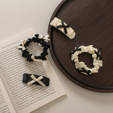 Mollette Per Capelli E Elastici Stile Lolita Giapponese Dolce Vintage Tessuto Plicsettato Fiocco Di Raso Nero Bianco Accessori