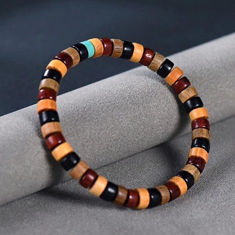 Farbiges Holzperlen Armband Tablettenform Zylindrisch Multi Material Ethno Zen Stil Elastisches Seil Handschmuck