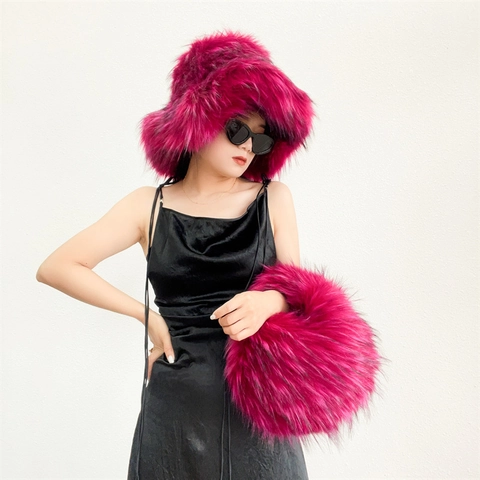 Chapeau Bob en Fausse Fourrure et Set de Sac Rond Hiver Chaud Épais Duveteux Chapeau de Pêcheur pour Femmes Mode Extérieur