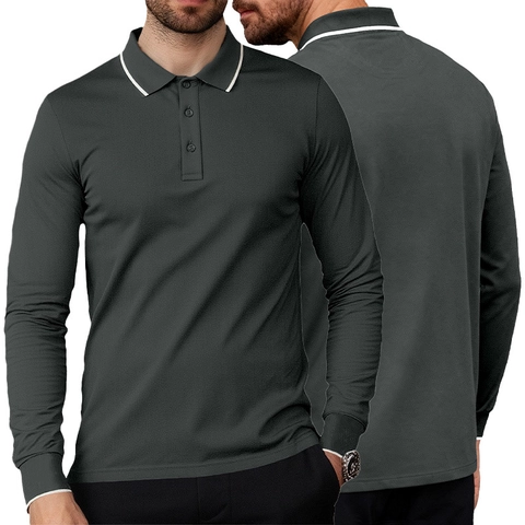 Men Long Sleeve Polo Shirt Polyester Breathable Business Casual Contrast Tipped Collar Three Button Placket Solid Color