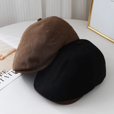 Vintage Newsboy Cap Cotton Linen Blend Solid Color Adjustable Painter Flat Hat British Style For Men And Women
