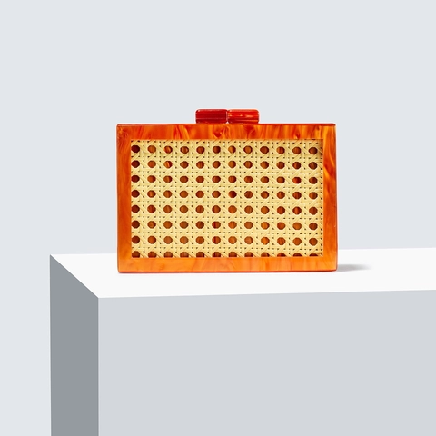 Women Vintage Evening Bag Acrylic Box Clutch With Rattan Woven Panel Marble Texture Party Vacation Handbag