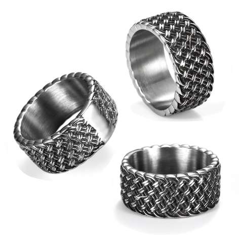 Anillo De Banda Para Hombre Acero Inoxidable Vintage Textura De Malla Tejida Joyería Punk Ancha