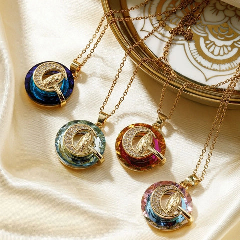 Collar Colgante De Acero Inoxidable Chapado En Oro Cristal Colorido Religioso Virgen María Guadalupe Media Luna Circón Mujer