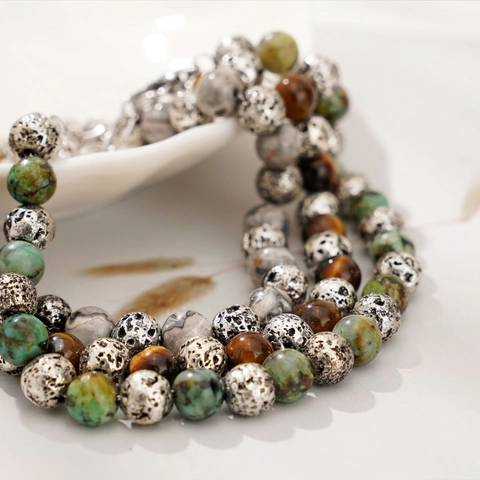Natural Tiger Eye Stone Beads Bracelet Stainless Steel Lava Rock Map Stone Adjustable Chain Jewelry For Men Vintage Gift