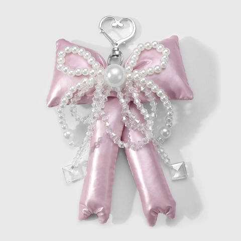 Handmade Artificial Pearl Rhinestone Bowknot Keychain Elegant Satin Fabric Bow Bag Pendant For Women Fashion Accessory