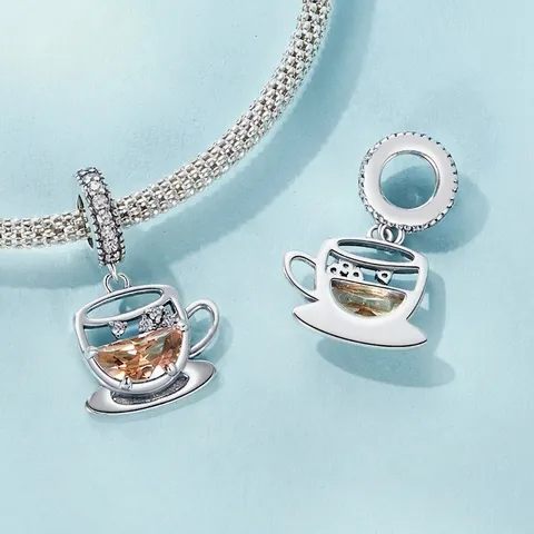 Charm Tazza Di Caffè 925 Argento Sterling Pietra Ambra Zirconia Pendente Tè Pomeridiano Per Bracciale Gioielli Donna