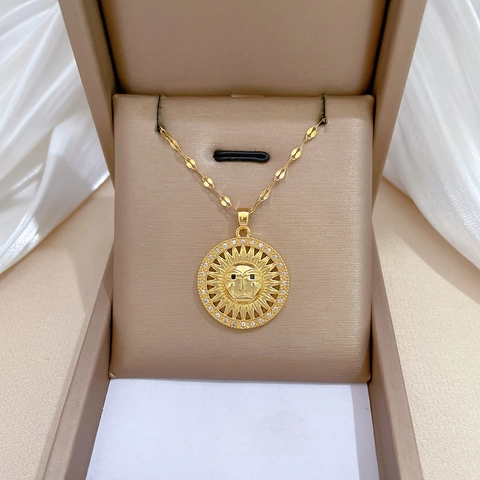 Sun Face Pendant Necklace Titanium Steel Copper Gold Plated Micro Inlaid Zircon Retro Elegant Fashion Jewelry Women