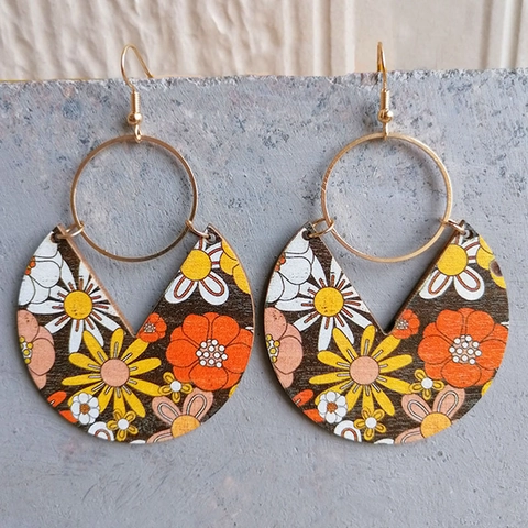 Bohemian Geometric Wooden Drop Earrings With Alloy And Steel Hook Printed Vintage Ethnic Style For Women