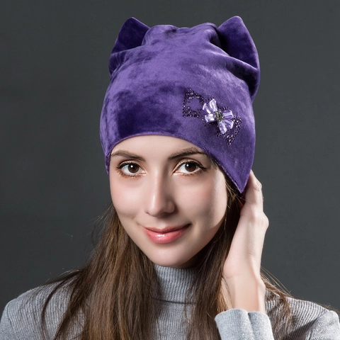 Gorro Beanie De Terciopelo Para Mujer Con Orejas De Gato Lazo De Cristales Cálido Invierno Capas Térmico Moda