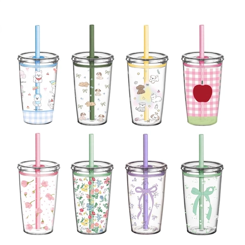 Tritan Reusable Tumbler With Straw And Lid Transparent Candy Color Portable Water Cup With Cleaning Brush Eco Friendly