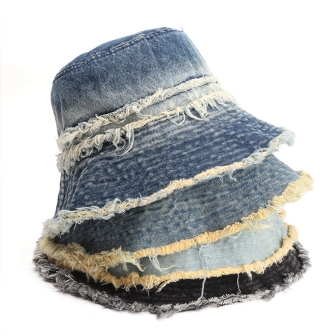 Cappello Alla Pescatora In Denim Lavato Bordi Sfrangiati Frange Protezione Solare Pieghevole Vintage Streetwear Donna Uomo