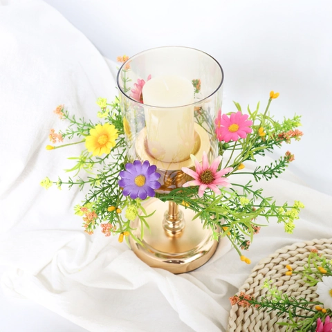 Artificial Daisy Candle Ring Satin Plastic Flower Garland For Wedding Party Table Centerpiece Colorful Floral Decor