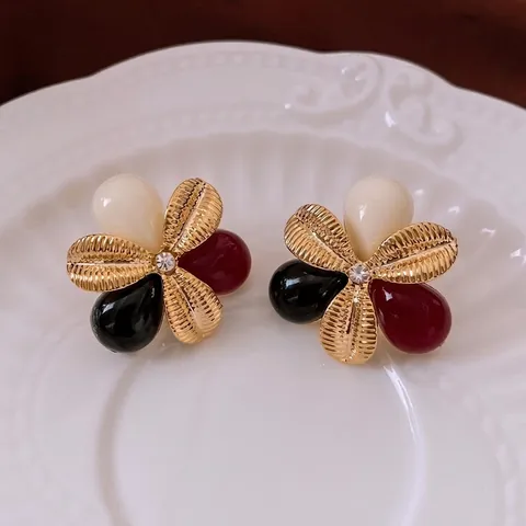 Boucles D Oreilles Fleur Vintage Pétale Résine Texture Dorée Avec Tige En Argent Sterling 925 Zircon Élégant Rétro