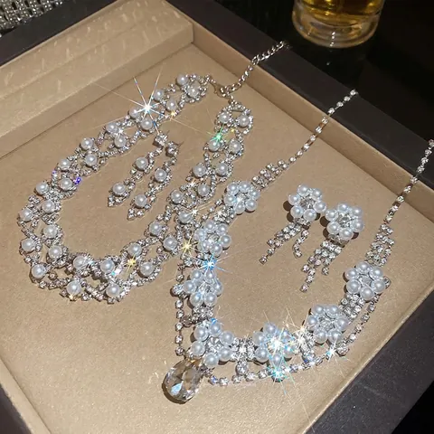 Kupfer Strass Künstliche Perlen Blume Wassertropfen Halskette Und Ohrringe Mit 925 Sterling Silber Ohrstecker Für Damen Luxus