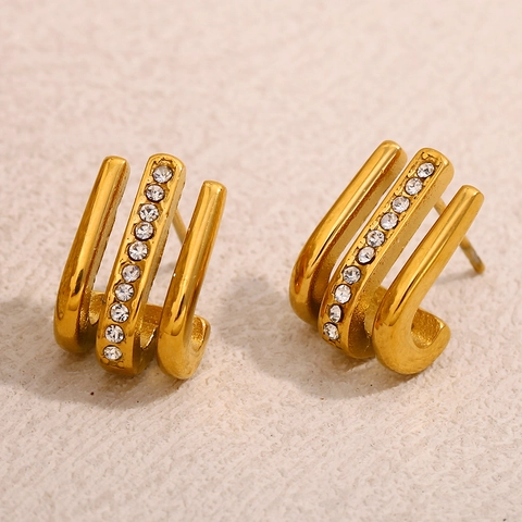 Orecchini A Lobo Tripla Fila Forma J Acciaio Inossidabile Placcato Oro 18K Strass Geometrico Moderno Per Donna