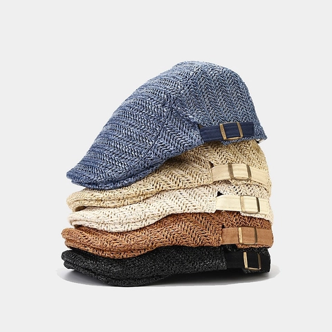 Woven Paper Straw Beret Flat Cap Adjustable Metal Buckle Breathable Sun Protection Summer Beach Vacation Retro Solid Color