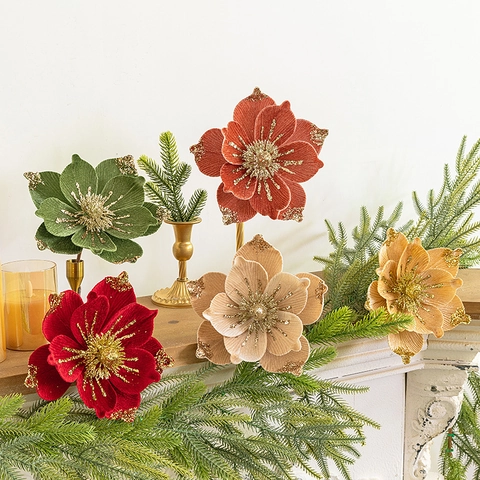 Velvet Christmas Magnolia Flower Artificial Glitter Floral Ornament For Tree Decoration Festive Home Decor