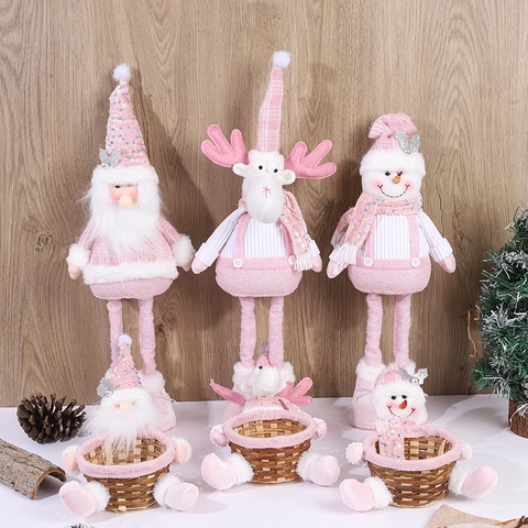 Rosa Weihnachten Plüsch Gnom Schneemann Rentier Puppe Teleskopbeine Pailletten Dekor Süßigkeitenkorb Party Dekoration
