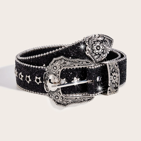 Cintura da Donna in Pelle PU Western Retro Con Rivetti a Stella Fibbia ad Ardiglione in Lega Intagliata Floreale Glitterata