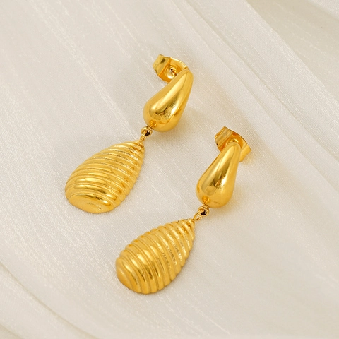 Edelstahl Tropfen Ohrringe 18K Vergoldet Gewinde Rippenstruktur Modern Minimalistisch Mode Schmuck Damen