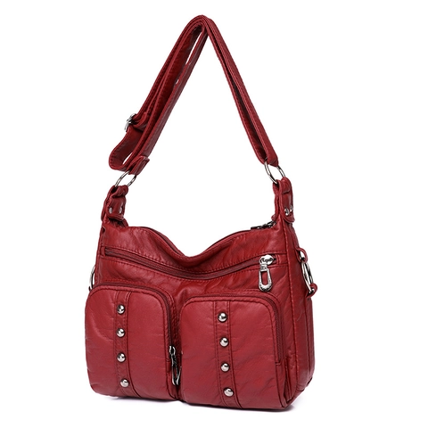 Borsa a Tracolla da Donna in Morbida Pelle PU alla Moda Grande Capacità Multi Tasca Rivetto Decor Vintage Borsa a Spalla