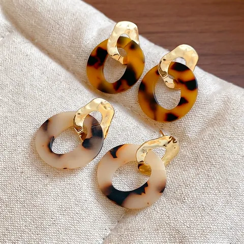 Orecchini Pendenti Circolari Geometrici Con Stampa Leopardata In Acetato E Perno In Argento Sterling 925 Retro Per Donna