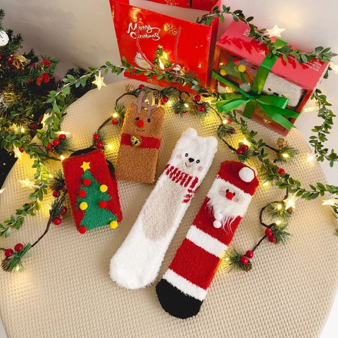Calze di Natale in Pile di Corallo Calde Calze da Pavimento Ispessite per Donna Unisex Simpatiche Calze di Peluche Invernali