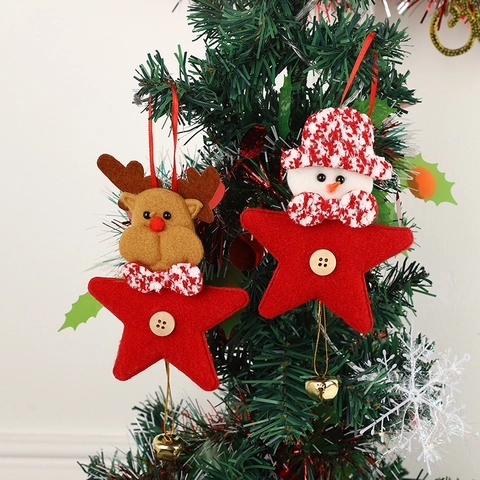Ornamenti Appesi Albero Natale Feltro Tessuto Stella Babbo Natale Pupazzo Neve Renna Motivo Campanello Metallo Bottone Legno Decorazione