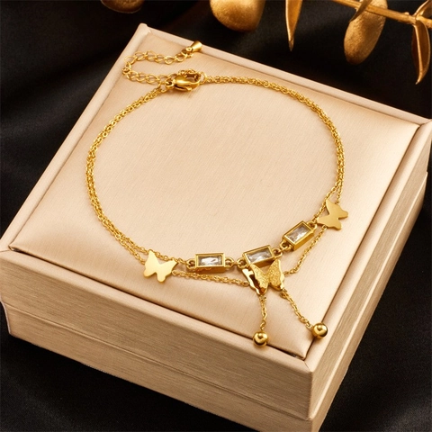 Stainless Steel Layered Anklet For Women Heart Butterfly Tree Of Life Pendants Mother Of Artificial Pearl Turquoise Jewelry