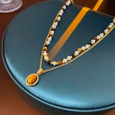 Collar Con Colgante De Varias Capas Con Piedra Ojo De Tigre Ovalada Y Cuentas De Aleación De Cobre Chapadas En Oro Joyas Retro